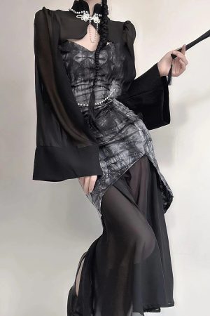 Quick Outfits, Modest Fashion Outfits Ideas Goth Wide Sleeve Qipao Midi Dress