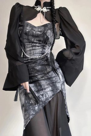 Quick Outfits, Modest Fashion Outfits Ideas Goth Wide Sleeve Qipao Midi Dress