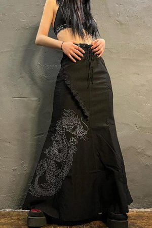 Quick Outfits, Modest Fashion Outfits Ideas Gothic Dragon Printed Maxi Skirt
