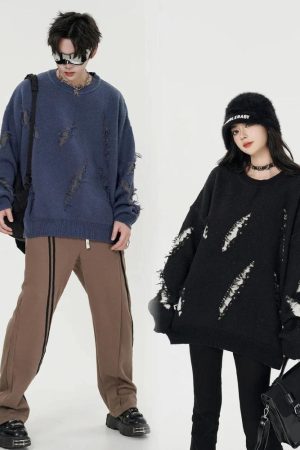 Quick Outfits, Modest Fashion Outfits Ideas Grunge Claw Distressed Knitted Sweater