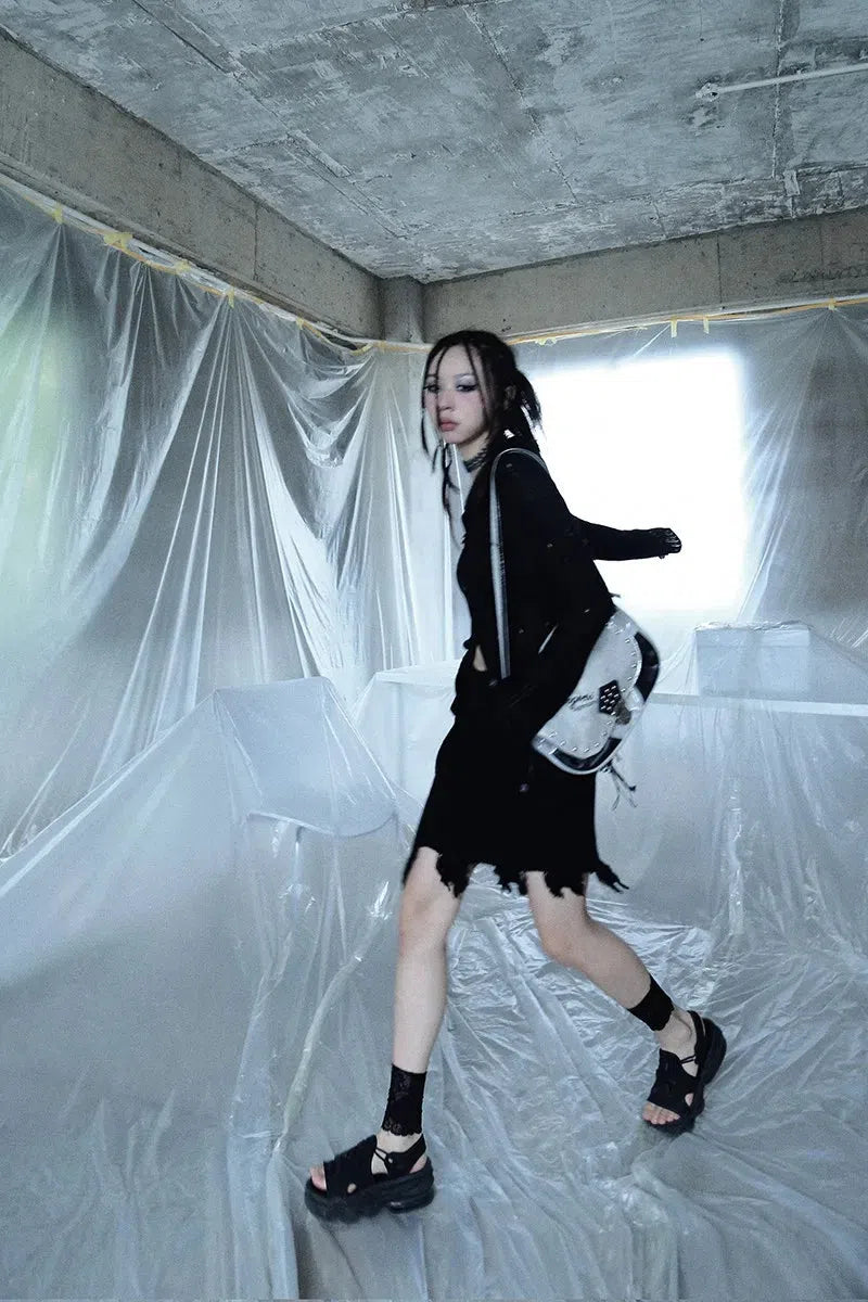 Quick Outfits, Modest Fashion Outfits Ideas Grunge Distressed Cardigan & Mini Skirt Two Piece Set Quick Outfits, Modest Fashion Outfits Ideas Grunge Distressed Cardigan & Mini Skirt Two Piece Set