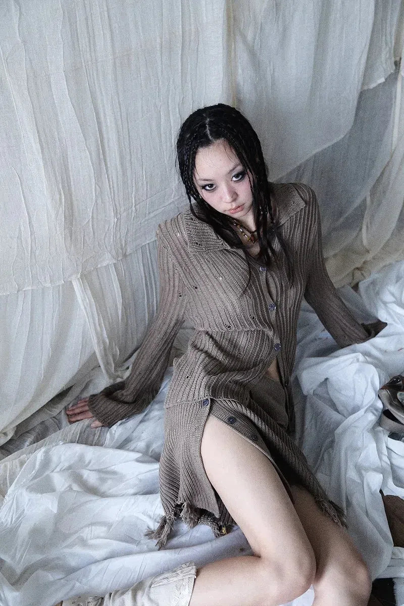 Quick Outfits, Modest Fashion Outfits Ideas Grunge Distressed Cardigan & Mini Skirt Two Piece Set