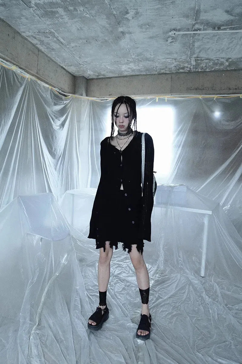 Quick Outfits, Modest Fashion Outfits Ideas Grunge Distressed Cardigan & Mini Skirt Two Piece Set Quick Outfits, Modest Fashion Outfits Ideas Grunge Distressed Cardigan & Mini Skirt Two Piece Set