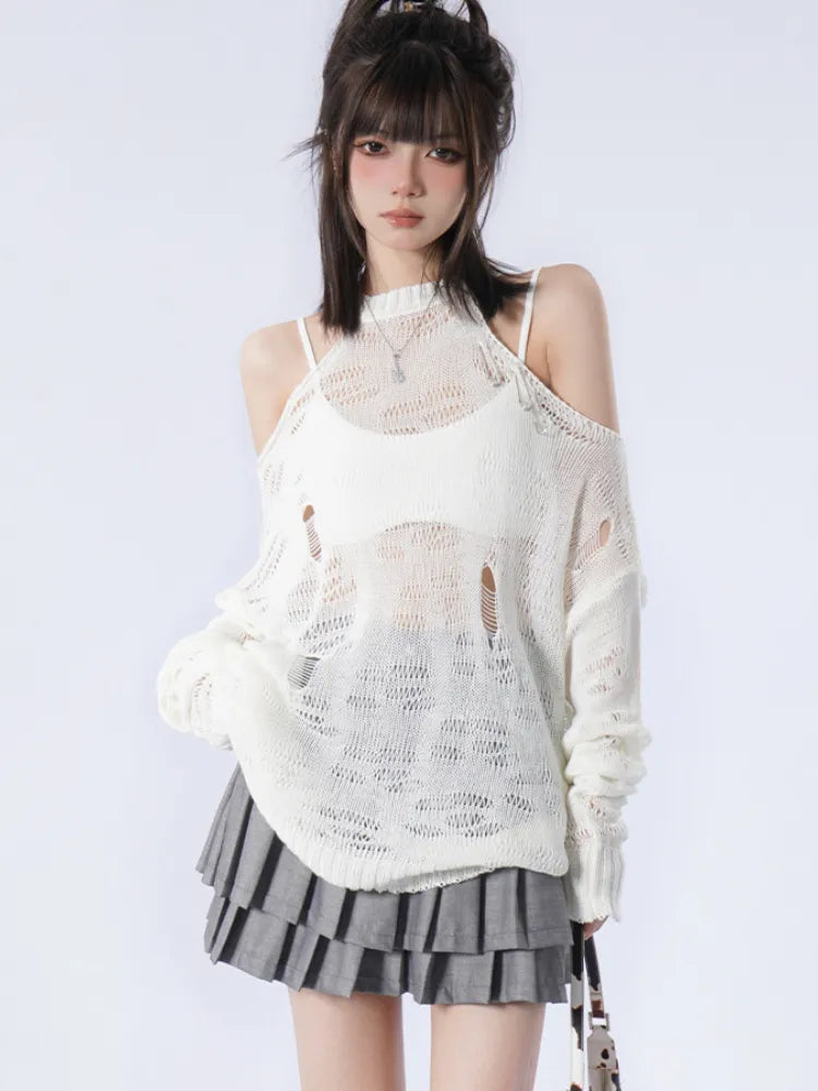 Quick Outfits, Modest Fashion Outfits Ideas Grunge Distressed Cut-Out Fine Knitted Sweater Quick Outfits, Modest Fashion Outfits Ideas Grunge Distressed Cut-Out Fine Knitted Sweater