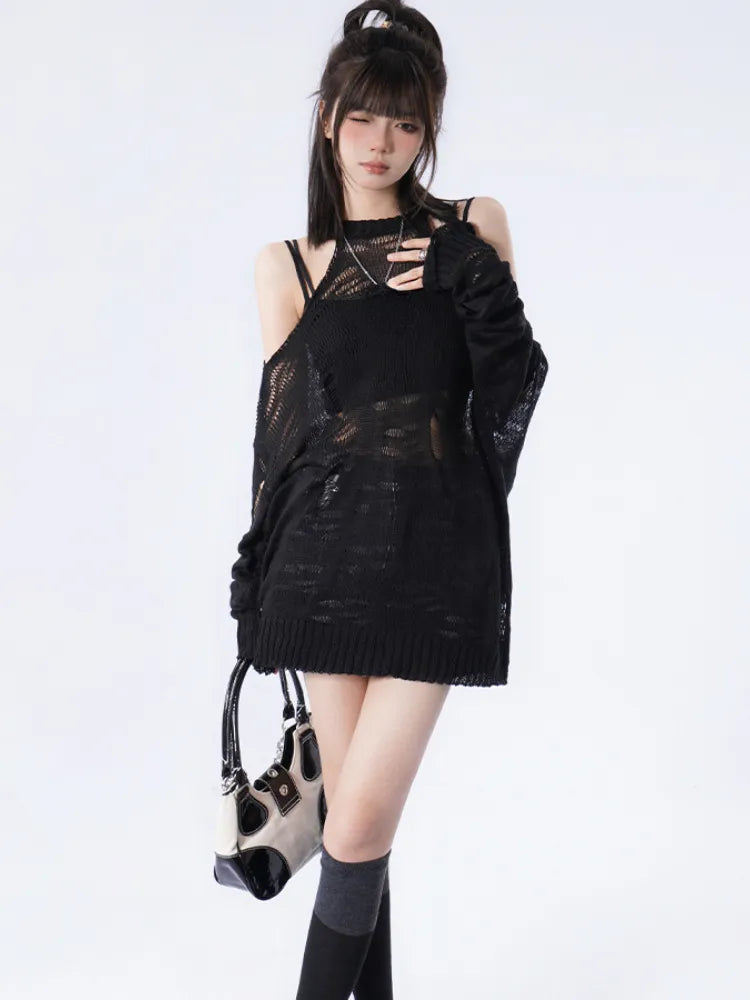 Quick Outfits, Modest Fashion Outfits Ideas Grunge Distressed Cut-Out Fine Knitted Sweater Quick Outfits, Modest Fashion Outfits Ideas Grunge Distressed Cut-Out Fine Knitted Sweater