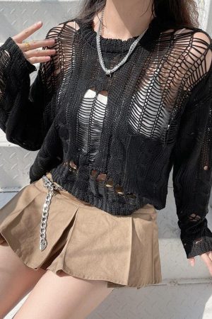 Quick Outfits, Modest Fashion Outfits Ideas Grunge Distressed Knit Sweater