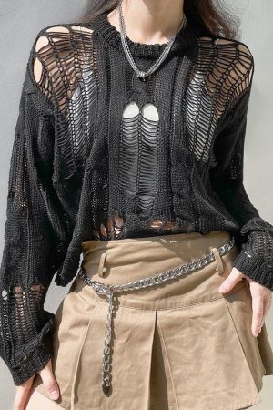 Quick Outfits, Modest Fashion Outfits Ideas Grunge Distressed Knit Sweater