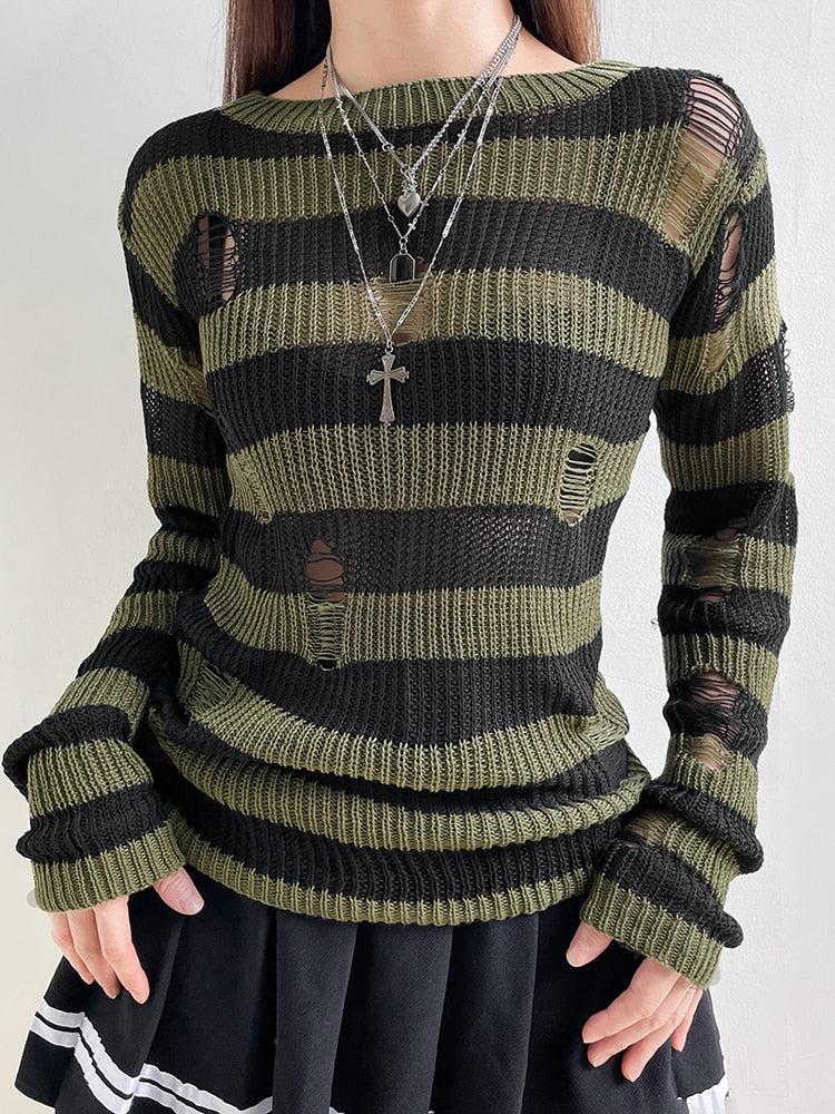 Quick Outfits, Modest Fashion Outfits Ideas Grunge Distressed Striped Sweater Quick Outfits, Modest Fashion Outfits Ideas Grunge Distressed Striped Sweater