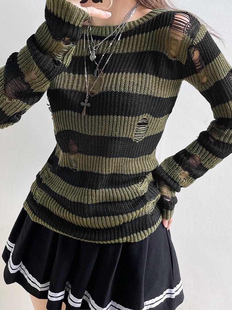 Quick Outfits, Modest Fashion Outfits Ideas Grunge Distressed Striped Sweater Quick Outfits, Modest Fashion Outfits Ideas Grunge Distressed Striped Sweater