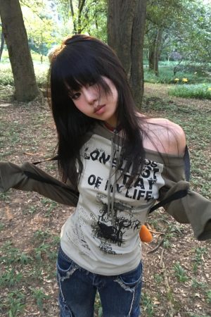 Quick Outfits, Modest Fashion Outfits Ideas Grunge One Shoulder Drawstring Top