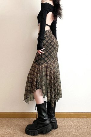 Quick Outfits, Modest Fashion Outfits Ideas Grunge Plaid Mesh Midi Skirt