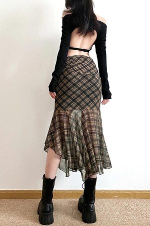 Quick Outfits, Modest Fashion Outfits Ideas Grunge Plaid Mesh Midi Skirt