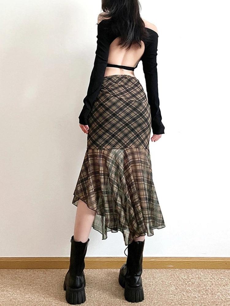 Quick Outfits, Modest Fashion Outfits Ideas Grunge Plaid Mesh Midi Skirt Quick Outfits, Modest Fashion Outfits Ideas Grunge Plaid Mesh Midi Skirt