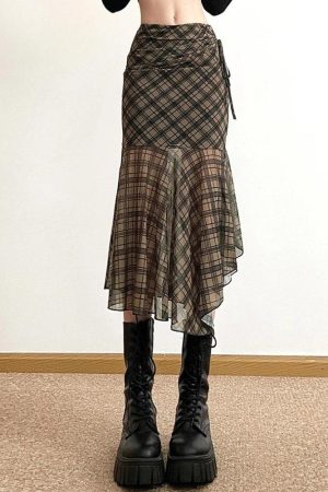 Quick Outfits, Modest Fashion Outfits Ideas Grunge Plaid Mesh Midi Skirt