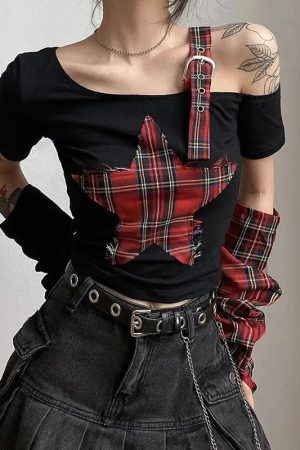 Quick Outfits, Modest Fashion Outfits Ideas Grunge Plaid Star Patch Top