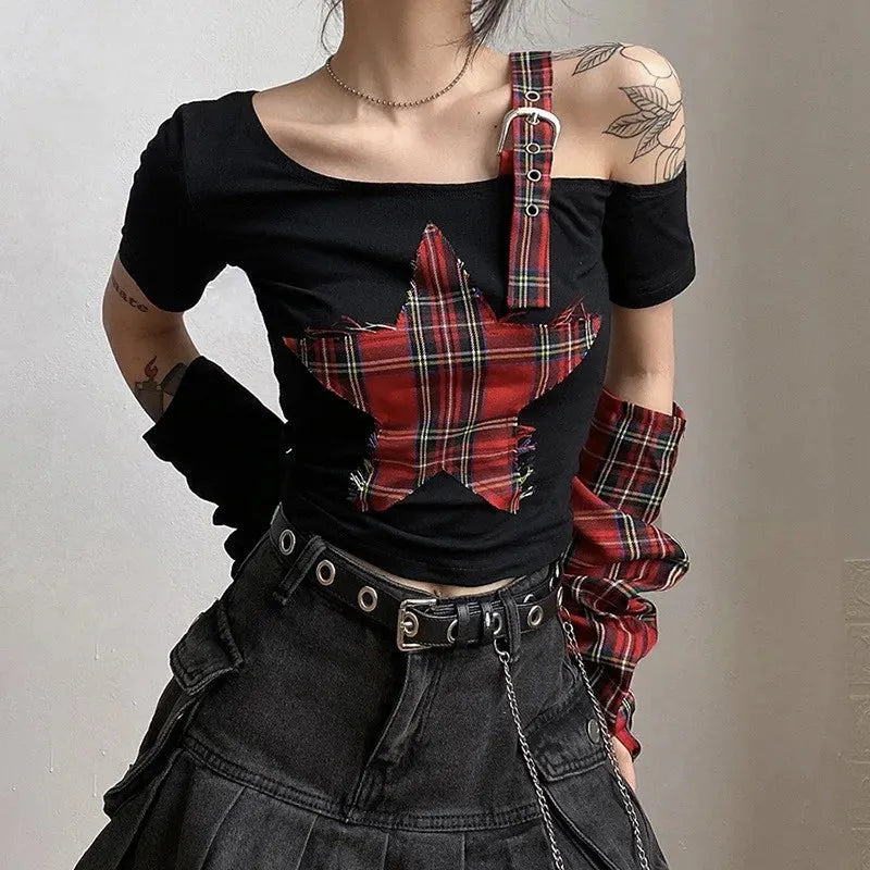 Quick Outfits, Modest Fashion Outfits Ideas Grunge Plaid Star Patch Top Quick Outfits, Modest Fashion Outfits Ideas Grunge Plaid Star Patch Top