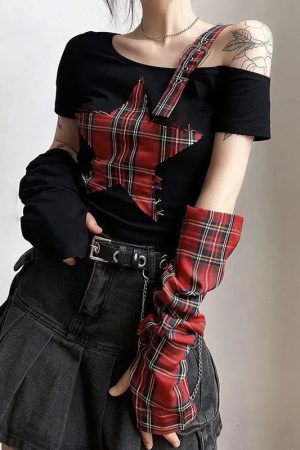 Quick Outfits, Modest Fashion Outfits Ideas Grunge Plaid Star Patch Top