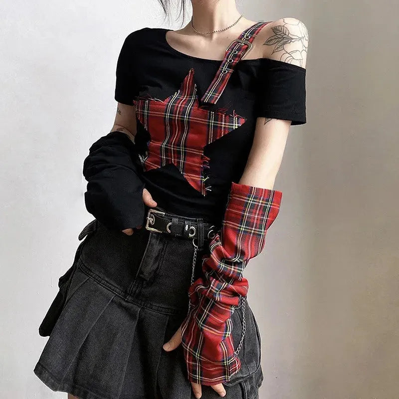 Quick Outfits, Modest Fashion Outfits Ideas Grunge Plaid Star Patch Top Quick Outfits, Modest Fashion Outfits Ideas Grunge Plaid Star Patch Top