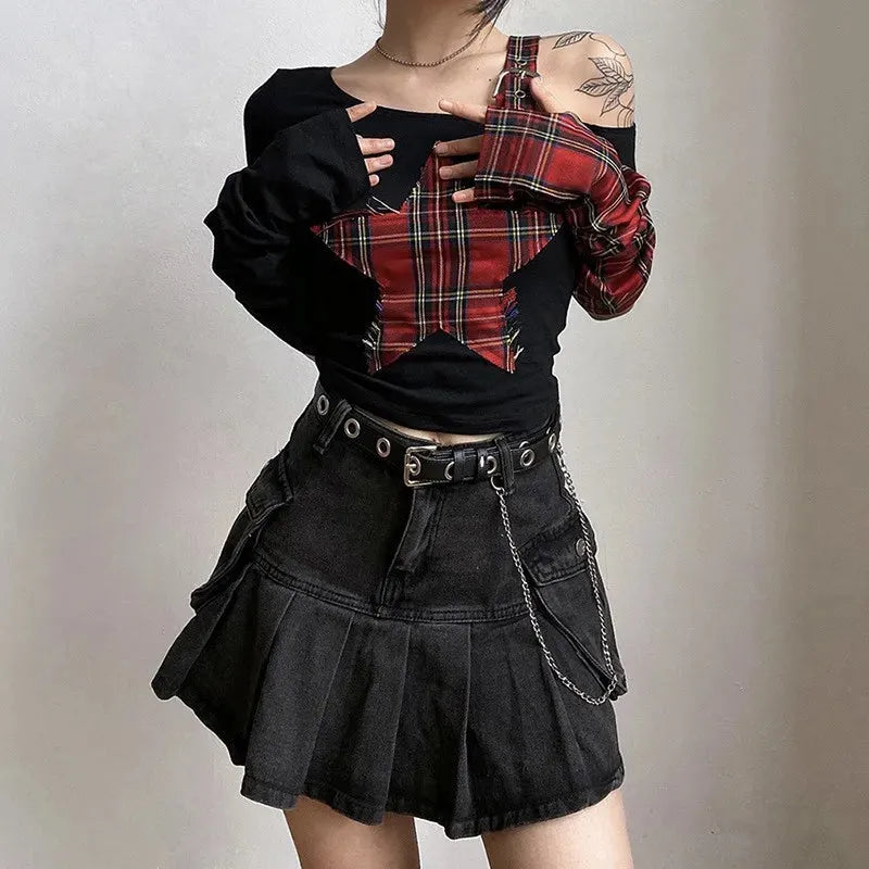 Quick Outfits, Modest Fashion Outfits Ideas Grunge Plaid Star Patch Top Quick Outfits, Modest Fashion Outfits Ideas Grunge Plaid Star Patch Top