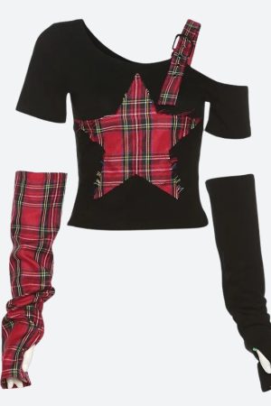 Quick Outfits, Modest Fashion Outfits Ideas Grunge Plaid Star Patch Top