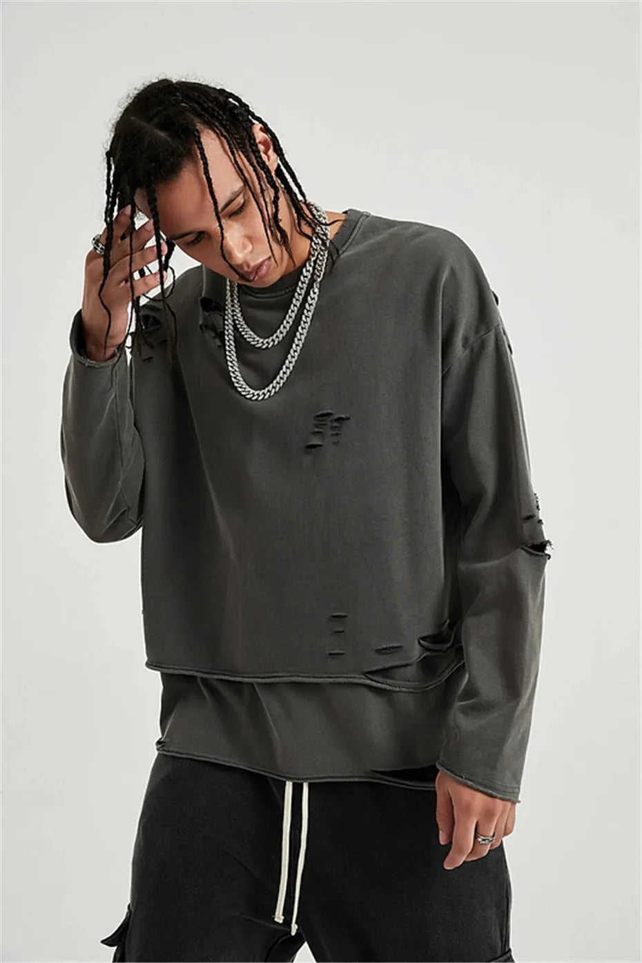 Quick Outfits, Modest Fashion Outfits Ideas Grunge Ripped Layered Sweatshirt Quick Outfits, Modest Fashion Outfits Ideas Grunge Ripped Layered Sweatshirt