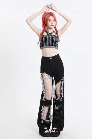 Quick Outfits, Modest Fashion Outfits Ideas Grunge Ripped Wide Leg Jeans