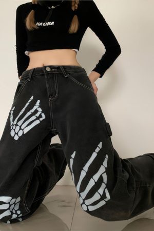 Quick Outfits, Modest Fashion Outfits Ideas Grunge Skeleton Hand Printed Jeans