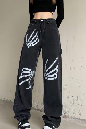 Quick Outfits, Modest Fashion Outfits Ideas Grunge Skeleton Hand Printed Jeans