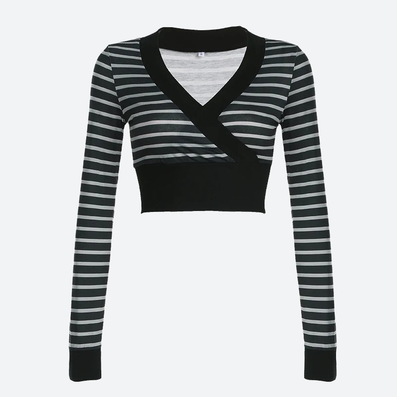 Quick Outfits, Modest Fashion Outfits Ideas Grunge Striped Wrap Crop Top Quick Outfits, Modest Fashion Outfits Ideas Grunge Striped Wrap Crop Top