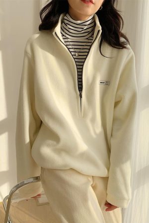 Quick Outfits, Modest Fashion Outfits Ideas Half Zipper Fleece Sweatshirt