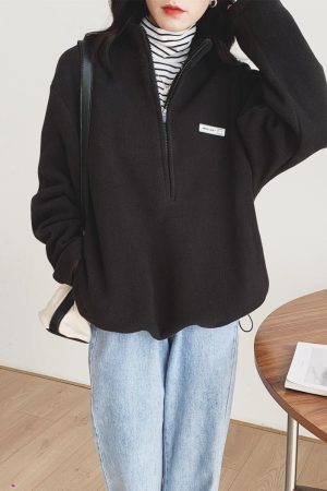 Quick Outfits, Modest Fashion Outfits Ideas Half Zipper Fleece Sweatshirt