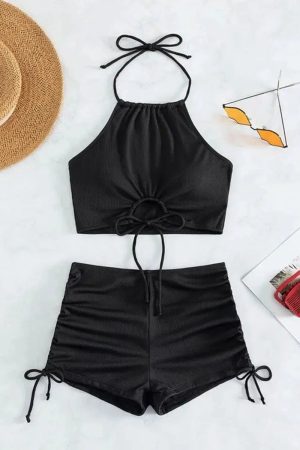 Quick Outfits, Modest Fashion Outfits Ideas Halter Top & Swim Shorts Bikini Set
