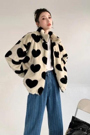 Quick Outfits, Modest Fashion Outfits Ideas Heart Pattern Teddy Jacket