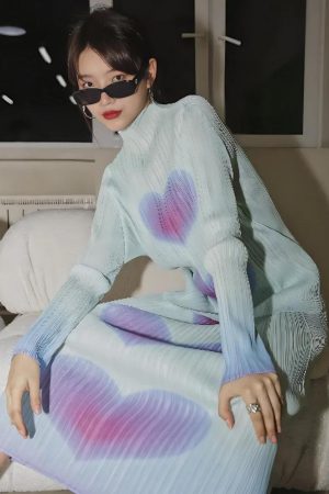 Quick Outfits, Modest Fashion Outfits Ideas Heart Pleated Top & Midi Skirt Two Piece Set