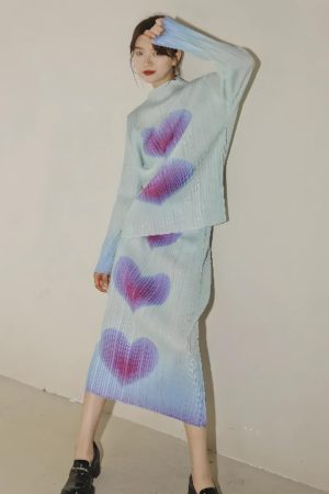 Quick Outfits, Modest Fashion Outfits Ideas Heart Pleated Top & Midi Skirt Two Piece Set