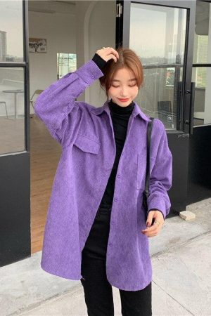 Quick Outfits, Modest Fashion Outfits Ideas Indie Purple Corduroy Casual Shirt