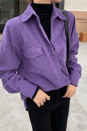 Quick Outfits, Modest Fashion Outfits Ideas Indie Purple Corduroy Casual Shirt