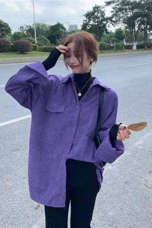 Quick Outfits, Modest Fashion Outfits Ideas Indie Purple Corduroy Casual Shirt