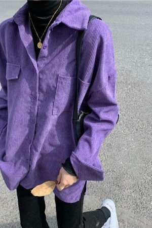 Quick Outfits, Modest Fashion Outfits Ideas Indie Purple Corduroy Casual Shirt