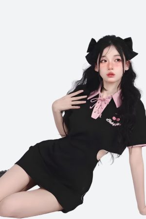 Quick Outfits, Modest Fashion Outfits Ideas Kawaii Cherry Cut Out Mini Polo Dress
