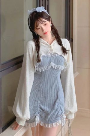 Quick Outfits, Modest Fashion Outfits Ideas Kawaii Mini Dress & Crop Cardigan Two Piece Set