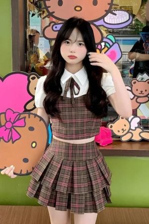 Quick Outfits, Modest Fashion Outfits Ideas Kawaii Plaid Two Piece Set