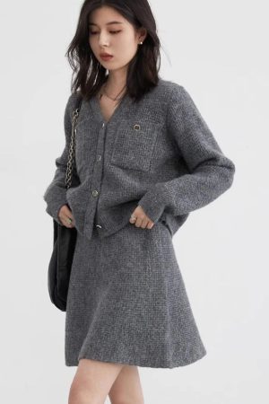 Quick Outfits, Modest Fashion Outfits Ideas Knitted Button-Up Cardigan & Mini Skirt Two Piece Set