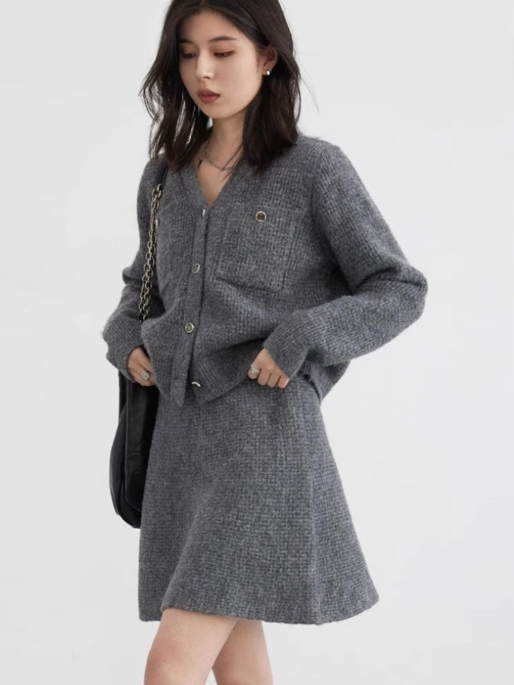 Quick Outfits, Modest Fashion Outfits Ideas Knitted Button-Up Cardigan & Mini Skirt Two Piece Set Quick Outfits, Modest Fashion Outfits Ideas Knitted Button-Up Cardigan & Mini Skirt Two Piece Set
