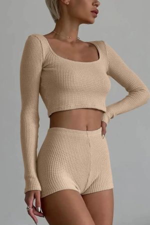 Quick Outfits, Modest Fashion Outfits Ideas Knitted Crop Top & Shorts Two Piece Set
