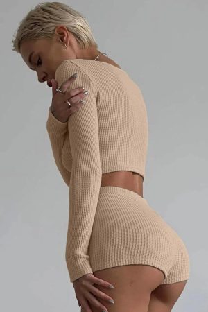 Quick Outfits, Modest Fashion Outfits Ideas Knitted Crop Top & Shorts Two Piece Set