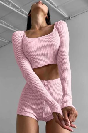 Quick Outfits, Modest Fashion Outfits Ideas Knitted Crop Top & Shorts Two Piece Set