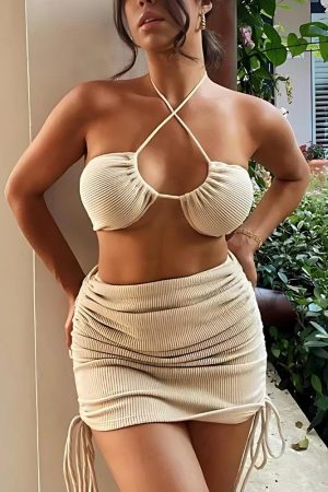 Quick Outfits, Modest Fashion Outfits Ideas Knitted Drawstring Crop Top & Mini Skirt Two Piece Set