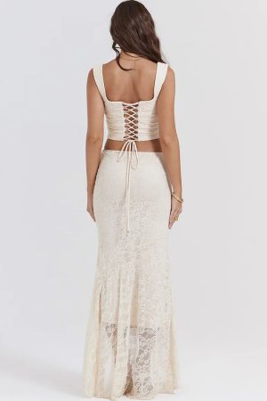 Quick Outfits, Modest Fashion Outfits Ideas Lace Corset & Asymmetric Midi Skirt Two Piece Set
