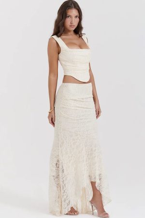 Quick Outfits, Modest Fashion Outfits Ideas Lace Corset & Asymmetric Midi Skirt Two Piece Set